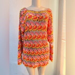 Free People Little Fan Crochet Striped Beach Cover Up Sweater M/L great conditio